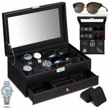 6-Slot Watch & 3-Slot Sunglasses Storage Box With Glass Cover, Key Lock & Hidden Drawer – Luxury Velvet-Lined Organiser, Dustproof Display Case - A - View 1
