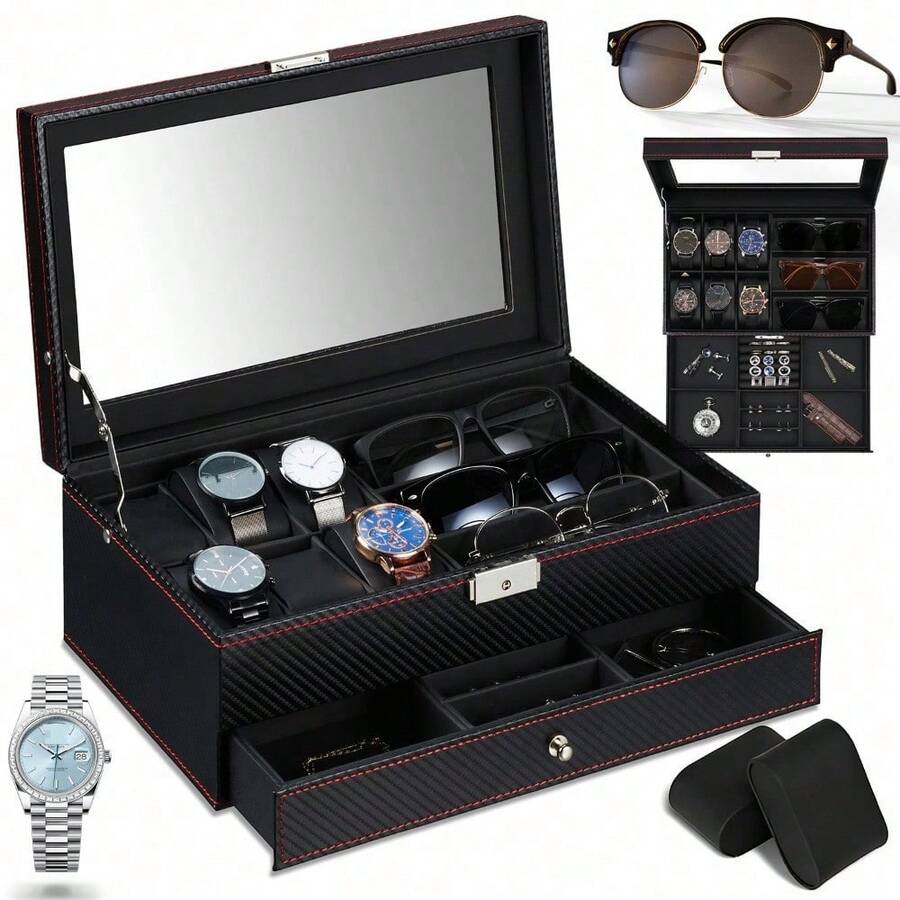 6-Slot Watch & 3-Slot Sunglasses Storage Box With Glass Cover, Key Lock & Hidden Drawer – Luxury Velvet-Lined Organiser, Dustproof Display Case - A - View 1