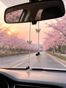 1pc Fairy Style Flash Diamond Butterfly Mosaic Car Ornaments Pink Diamond Bead Chain Car Rearview Mirror High Sense Decoration - Butterfly Flowers - View 10