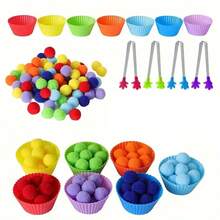 1 Juego de Pompones Arcoíris - Juguete Educativo de Reconocimiento de Colores y Entrenamiento de Concentración para Niños Pequeños, 78 piezas (7 Vasos de Colores + 1 Clip de Color Aleatorio + 70 Bolas de Algodón de 2cm) - Multicolor - Ver 2
