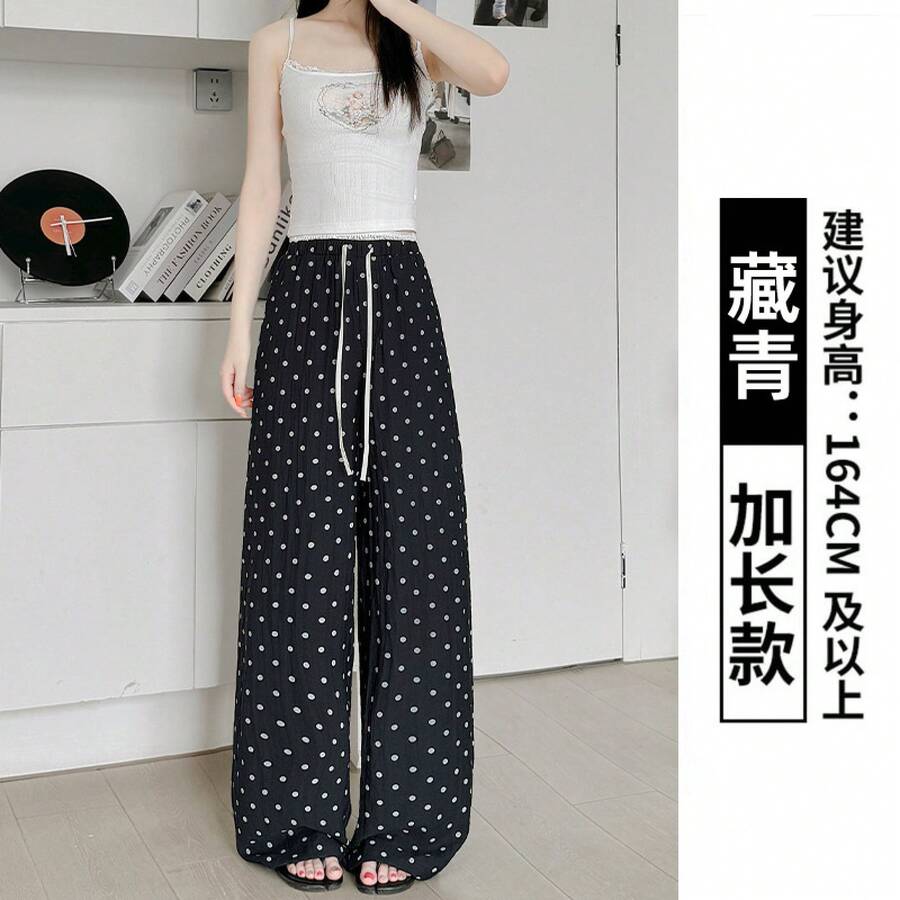 Pantalones de Lino con Estampado de Puntos para Mujer, Pantalones Rectos de Cintura Alta, Delgados y Cómodos para Verano, Estilo Casual Coreano de Algodón y Lino para Uso Diario.