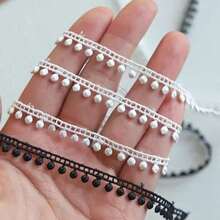 1 yarda de cinta de encaje con borlas de 1.2 cm de ancho, hilo de seda soluble en agua, encaje bordado con borlas de bola de algodón, accesorios para ropa DIY hechos a mano - multicolor - Ver 1