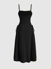 MOD Long Red Evening Dress With Pleats At The Bust And Lacing At The Sides, Summer Dresses For Women - 黑色 - 查看 1