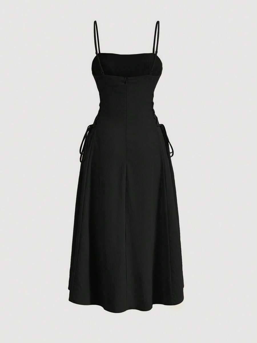 MOD Long Red Evening Dress With Pleats At The Bust And Lacing At The Sides, Summer Dresses For Women - 黑色 - 查看 1