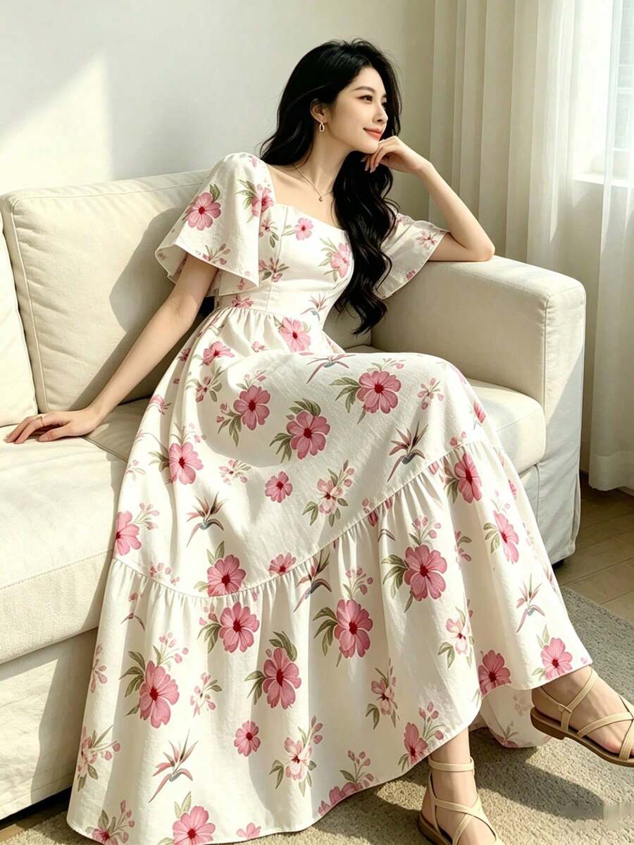 Turtle Leaf, Coconut Tree, Scattered Leaf And Small Flower Plant Silhouette, Square Neck Short Sleeve Dress With Ruffle Design At Hem, Summer Vacation Style - Multicolor 2 - View 1