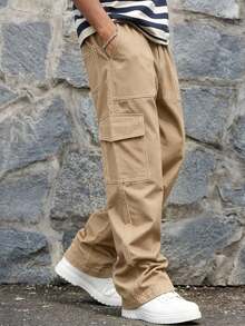 1pc Teen Boys Vintage Minimalist Cargo Pants, Suitable For Workout, Outdoor, Spring & Autumn - Khaki - View 10