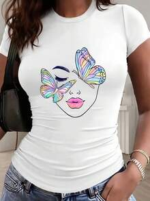 Slim Fit, Butterfly Print Design Surrounding A Woman's Face - 2 Styles - Women's Casual Fashion Sportswear, Solid Color Details With Waist Pleats, Pul - White - View 3