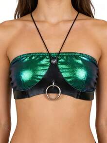 Arnés de pecho con correa de cuero sintético y anillo de metal tipo halter, cinturón de cintura estilo punk gótico, atuendo de fiesta de discoteca para mujer con cinturón de pecho y cintura - Negro - Ver 2
