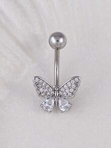 1pc Exquisite Butterfly Pierced Navel Ring With Inlaid Cubic Zirconia, Suitable For Women's Daily Wear, Dating, Party, Gathering - Silver - View 4