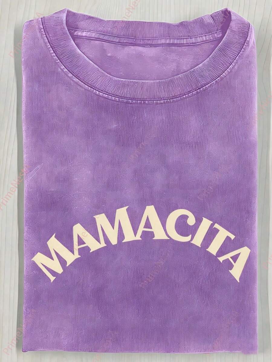 Washed Cotton MAMACITA Black Printed Curved Top, Premium Batik Cotton Fashion Tee, All Season Daily Wear, 2026 Summer Casual Short Sleeve Tops - 紫丁香色 - 查看 1