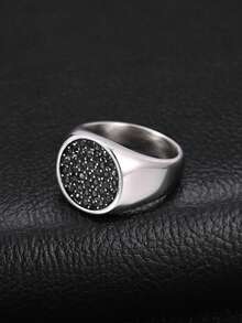 1pc Fashion Hip Hop Stainless Steel Black Zirconia Round Geometric Cast Ring For Men, Vintage, Gothic Style, Jewelry Accessory - Silver - View 8
