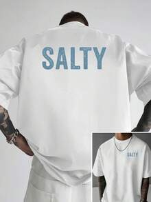 1 Pcs Men's Loose Drop Shoulder Cotton T-Shirt, Retro Blue SALTY Letter Dual-Sided Graphic Top,  Daily Casual Outfit - White - View 1