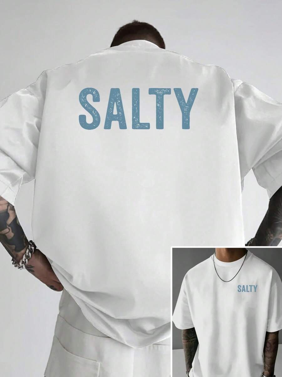 1 Pcs Men's Loose Drop Shoulder Cotton T-Shirt, Retro Blue SALTY Letter Dual-Sided Graphic Top, Daily Casual Outfit - White - View 1