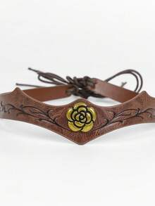 1 pieza Diadema de cuero PU vintage con grabado de hoja y decoración de rosa dorada, tiara de cosplay de elfo medieval renacentista, accesorio de Halloween - A - Ver 3