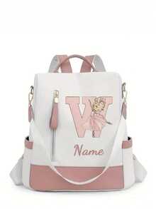 Personalized Custom Name A-Z 26 English Letters Premium Backpack, Fashion Anti-Theft Versatile Large Capacity Travel School Bag, Exquisite Cute Pink Ballet Girl Pattern Fashion Contrast Color Design Lightweight Large Capacity, Perfect For Daily Outings, Work Commute, School - White and Pink - View 10