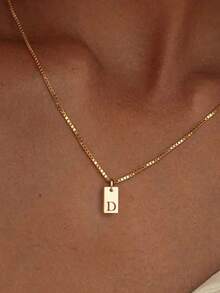 1pc Fashionable Stainless Steel Rectangular 26 Letter Pendant Necklace For Women, Suitable For Daily Wear, Birthday Gift - Yellow Gold - View 20