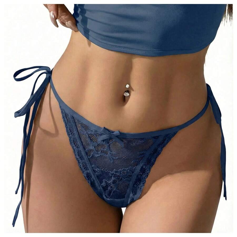 Aivtalk Women's Panties With Side Ties, Lace Thong With Bow, Adjustable Underwear, Sheer Low-Rise Thong, Size S - 藍色 - 查看 1