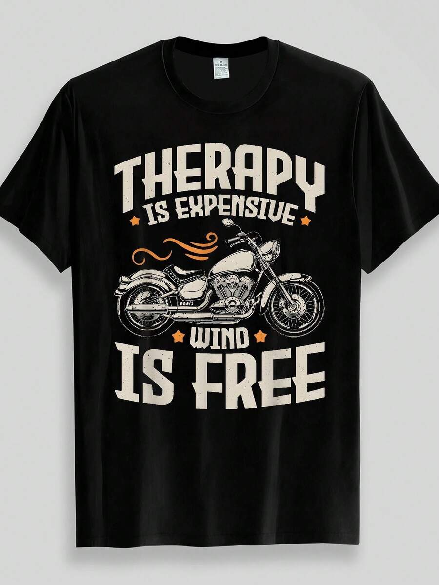 Camiseta con tema de motocicleta La terapia cara, el viento gratis - Negro - Ver 1