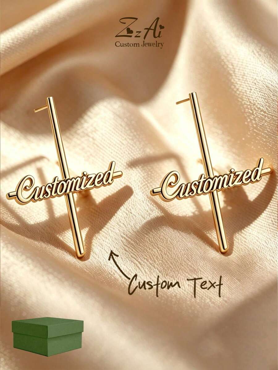 [ZzAi Custom]1 Pair Personalized Custom Name Geometric Pattern Earrings, Cross Design, Gold/Silver Color Options, Smooth Lines, Shoulder-Drop Style, Unique Personalized, Minimalist Fashion - Cross Earrings - View 1