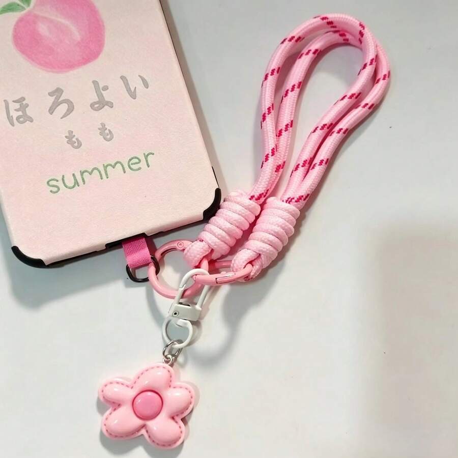 1 pieza Cordón de muñeca trenzado con doble nudo popular de INS, duradero y resistente al desgaste con colgante de flor, cadena anti-pérdida para teléfono, colgante para funda de teléfono, colgante para llavero - Rosa - Ver 1