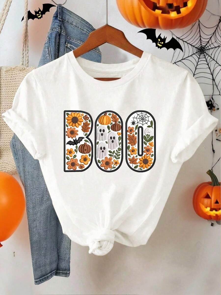BOO Floral Halloween T-Shirt With Lettering, Ghosts, Pumpkins And Autumn Flower Embroidery Effects, White, Summer, Casual, Women's Day T-Shirt, 100% Cotton - 白色 2 - 查看 1