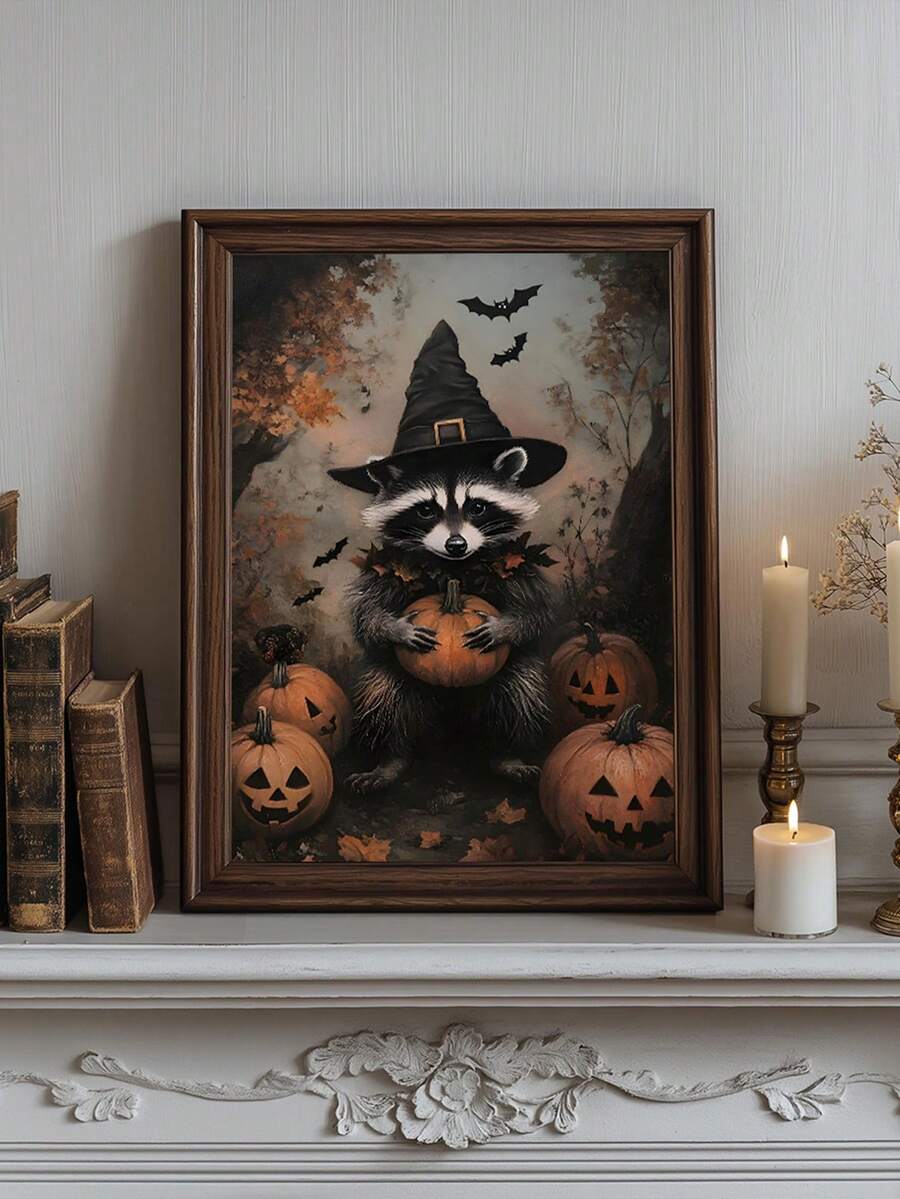1 Stück, Leinwand Wandkunst, gerahmte Wanddekoration, süßer Hexen-Waschbär mit Kürbis und Fledermaus Herbstwald Leinwand Wanddekoration, ländliche Dark Academia Horror Halloween Poster, gruselige Fledermaus Kunst, Vintage Wanddekoration, geeignet für moderne Heimdekoration, Raumdekoration, Wohnheimdekoration, Schlafzimmerdekoration, Wohnzimmerdekoration, Badezimmerdekoration, Küchendekoration, Esszimmerdekoration - Waschbärzauberer - Übersicht 1