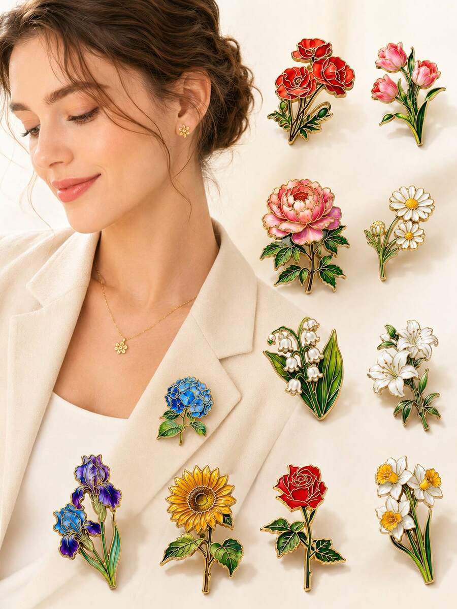 1 pezzo Spilla floreale in smalto raffinata e multi-stile, elegante spilla da donna con vari disegni floreali, accessorio per abbigliamento con estetica naturale, adatto per giacca da completo, camicia, abito, maglione, sciarpa, cappello, decorazione di borse e regalo per le vacanze - Multicolore - Visualizzare 1