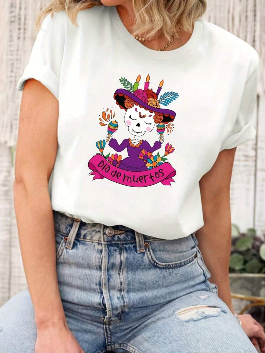 Camiseta Vintage Gótica con Estampado de Calavera para Mujer - Calavera del Día de los Muertos, Camiseta Casual de Manga Corta con Cuello Redondo, - Blanco - Ver 1
