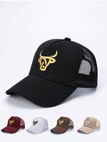 1 Piece Men's Bull Horn Embroidered Baseball Cap, Outdoor Sports Trucker Hat, Adjustable Mesh Sun Protection Cap - 彩色 - 查看 1
