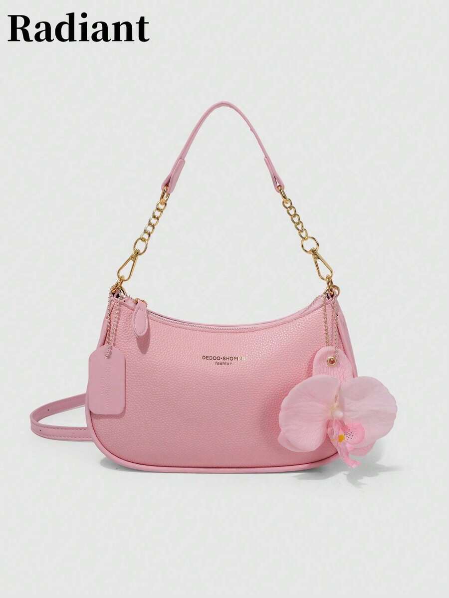 2025 Crescent-Shaped Shoulder Bag, New Fashionable Classic And Versatile Design With Letter Pattern Decoration, Solid Color, Waterproof PU Material, Handbag And Shoulder Bag, Suitable - Pink - View 1