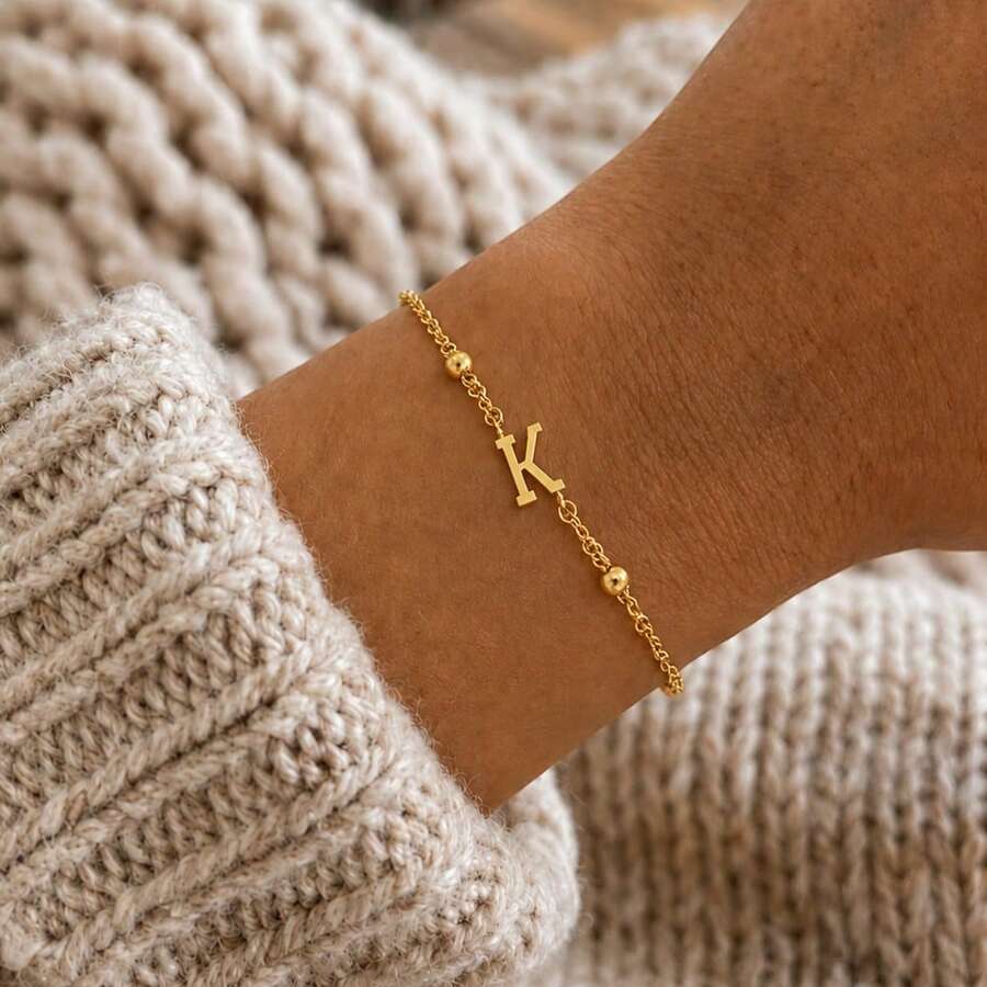 1pc Classic Initial Pendant Golden Stainless Steel Bead Chain Bracelets For Women - Yellow Gold - View 1