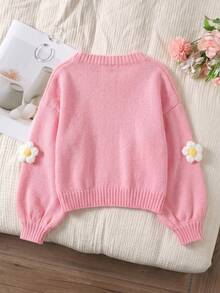 Girls' Pink 3D Floral V-Neck Sweater, Autumn Fashion Short Loose Drop Shoulder Sweet Cardigan Jacket - Pink - View 5