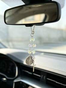 1 Colgante de Espejo Retrovisor de Coche Marca Retro Cross Saint, Icono de Cruz de Metal, Diseño de Cadena de Cuentas de Cristal, Accesorios de Decoración Interior GM, Estilo dibujos animados Kawaii Divertido - Cruz retro - Ver 4
