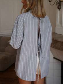 Women's Back Tie Button Lapel Striped Daily Commute Shirt - Multicolor - View 6