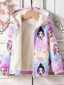 Tween Girl Cartoon Print Warm Hooded Jacket - Purple - View 9