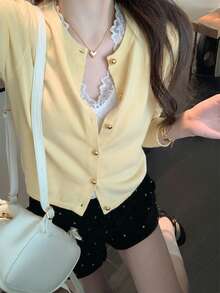 Autumn/Winter Casual Korean Sweet Style Minimalist Round Neck Knit Cardigan, Gentle Elegant All-Match Wear/Outerwear Yellow Fall - Yellow - View 2