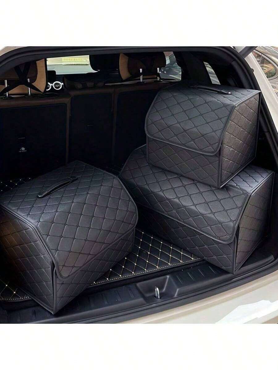 1件大容量汽車後車廂收納箱,多功能工具收納袋,PU皮革可折疊收納盒,適用緊急儲物 - A - 查看 1