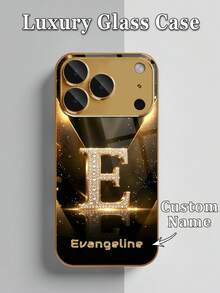 1件 DIY 字母與姓名黑金星光字母圖案奢華高端商務 HD 電鍍金玻璃手機殼，適用於 Apple 17ProMax/16 Pro Max/15/14 Plus/13 Pro/12 Pro Max/11/XsMax/8/7/6Plus，時尚、多彩、可愛、有趣、極簡配對手機殼 - 金色 - 查看 5
