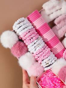 719pcs Girls Autumn/Winter Pink Plush Hair Scrunchies With Pink Pom Poms, Large Cute Princess Hair Ties, High Elasticity Durable Non-Damaging Hair Bands, Small Rubber Bands, Large Plush Hair Claw, Suitable For Daily Use - Multicolor - View 3
