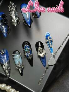10pcs Handmade Fully Covered Stiletto Nails Press On Nails, Blue Nails, Cool And Chic Y2K False Nail,Detachable And Reusable,Four Sizes To Choose From,Suitable For Festival,Goth Theme Party,Dating Street Daily Styling,With Jelly Glue And Nail File - Blue - View 6