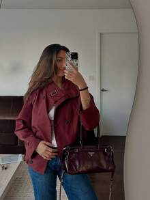 Short Burgundy Trench Coat, French Vintage Style, Blending Urban Mature Cargo Style Aesthetic, Stand Collar Double-Breasted Design, Exuding Coolness And Fashionable Vibe, Suitable For Daily Commute, Casual Socializing And Dating Occasions - Burgundy - View 8