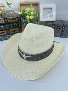 1pc Unisex Rivet Bull Head Leather Decor Sequin Woven Breathable Straw Hat, Western Cowboy Hat, Suitable For Spring/Summer, Applicable For Western Theme Events, Gatherings, Parties, Role Play, Festivals, Music Festivals, Fashion And Multi-Purpose, Beach, Vacation - Multicolor - View 11