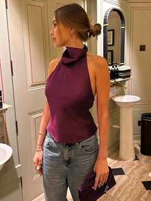Top de tirantes de satén para mujer, top corto sin mangas estilo Y2K, lindo estilo callejero, camiseta sin espalda amarilla para verano casual - Rojo violeta - Ver 2