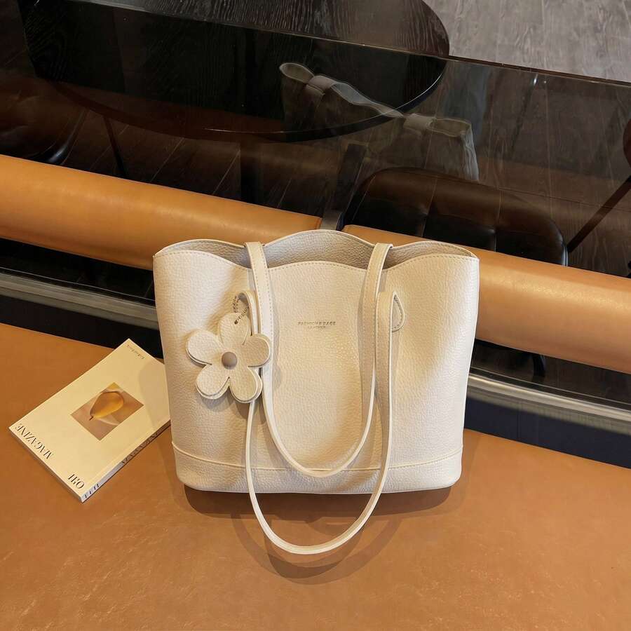 Women's Solid Color PU Large Capacity Tote Bag, Shoulder Bag, Casual Bohemian Handbag With Chain Strap, Suitable For Work, School, Travel, Fashionable Cute Floral Accessory