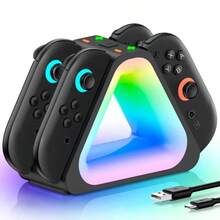 Iplay 4合1 三角形充電底座,適用於 Switch2 Joy-Con 控制器,附 RGB 環境燈效,Type-C 介面連接(黑色) - 查看 4