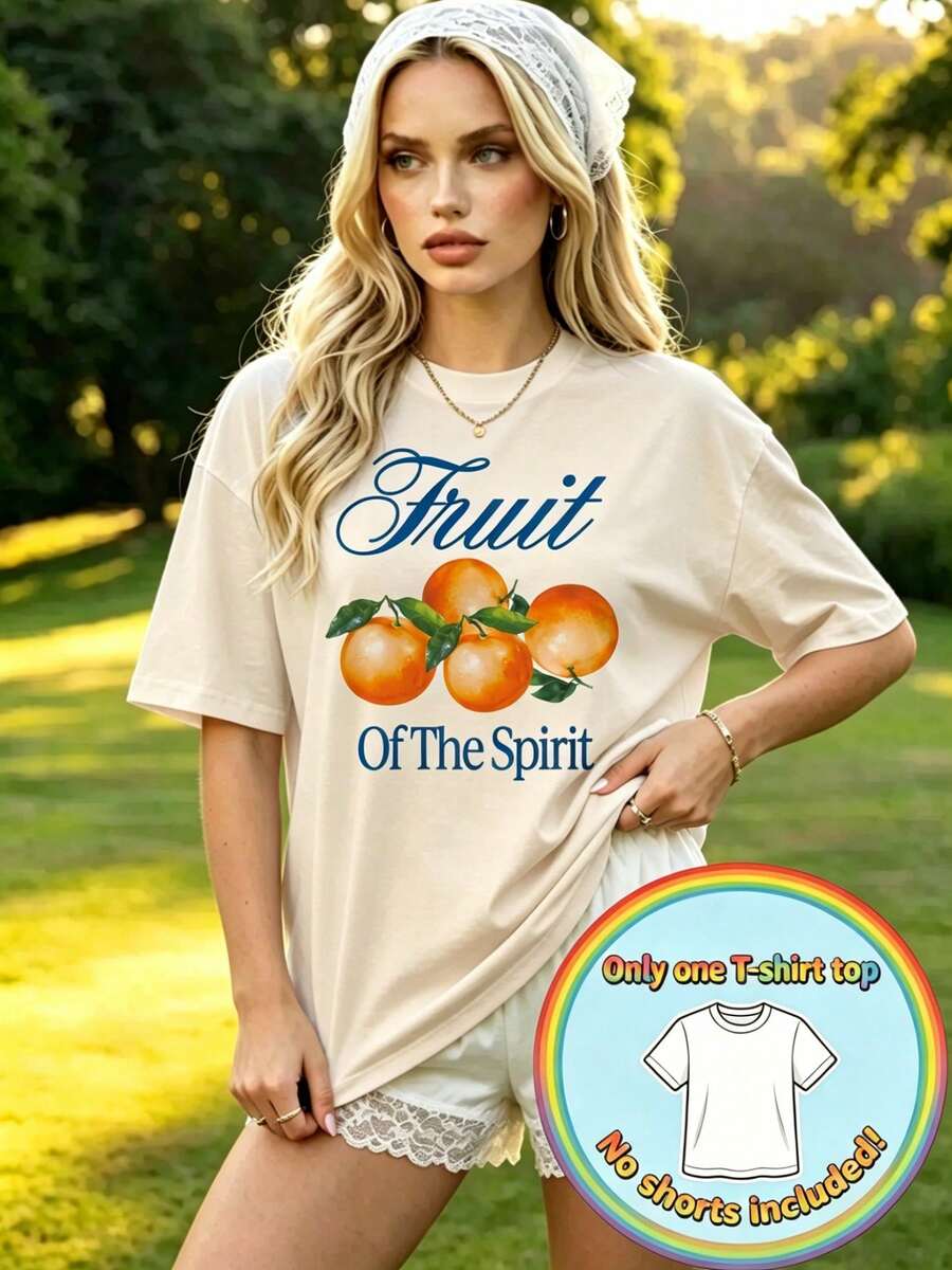 Women's Y2K Style 100% Cotton Short Sleeve T-Shirt, Plus Size, Summer Top, With Hand-Drawn Watercolor Orange Illustration And "Fruit Of The Spirit" Print - 杏色 - 查看 1
