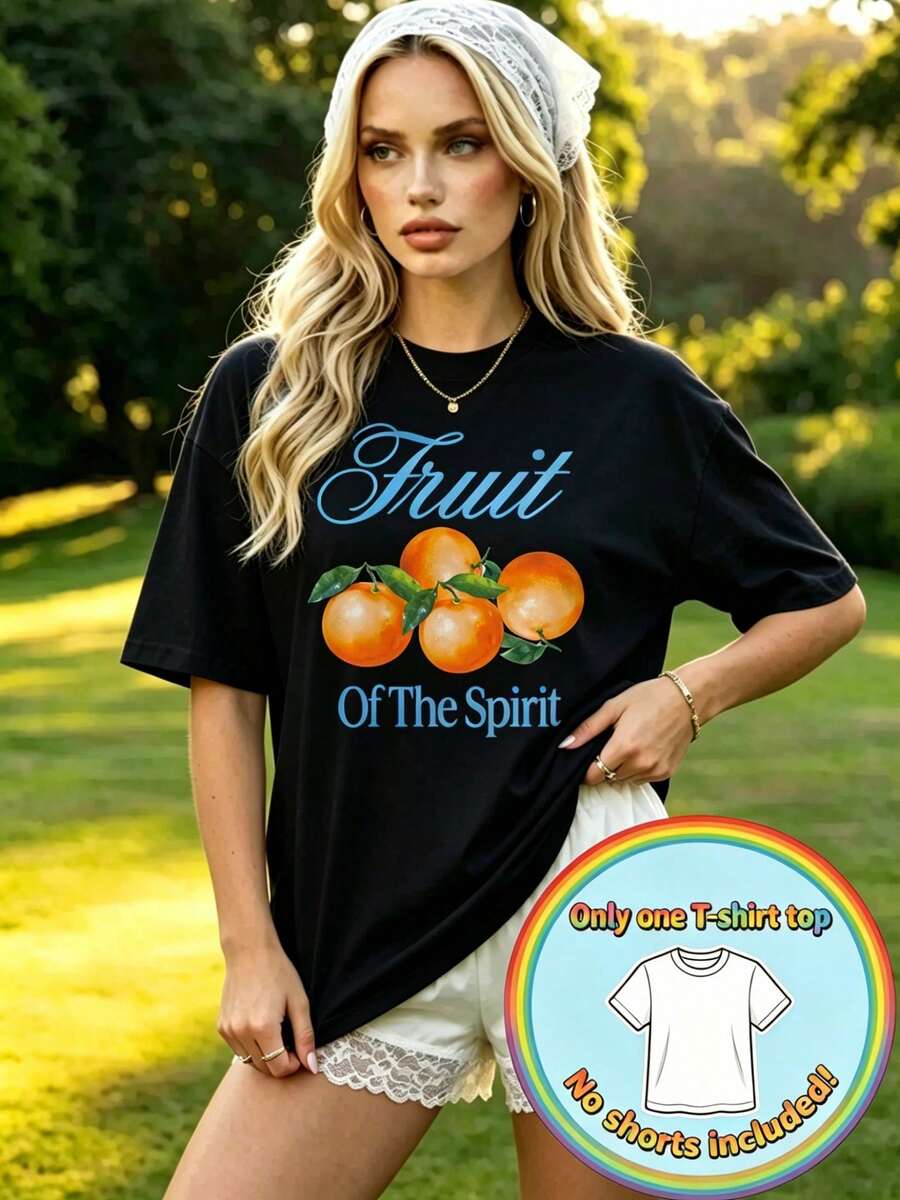 Women's Y2K Style 100% Cotton Short Sleeve T-Shirt, Plus Size, Summer Top, With Hand-Drawn Watercolor Orange Illustration And "Fruit Of The Spirit" Print - 黑色 - 查看 1