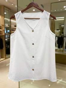 Plus Size Women's Summer Casual V-Neck Sleeveless Single-Breasted Loose Cardigan Top, Versatile Thin Top For Commuting, Elegant Top White - White - View 3