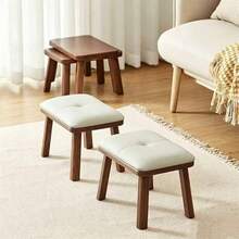 Solid Wood Padded Ottoman Foot Stool, 4 Grid Tufted PU Upholstered Low Stool, Multi-Purpose Entryway Shoe Changing Stool, Minimalist Indoor Seat Stool For Living Room Bedroom Dining Room Home Furniture - Walnut - View 3