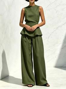 Women's Two-Piece Set: Sleeveless Blouse With Round Neck, Ruffled Hem, Fitted Waist, And Textured Palazzo Pants; Elegant Casual Outfit For Office, Everyday Wear, And Going Out - 軍綠色 - 查看 3